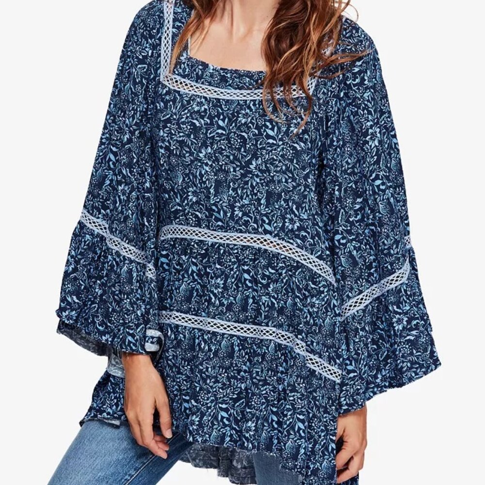 Free People - Blue Floral Boho Tunic Top Shirt - Talk About It Size L